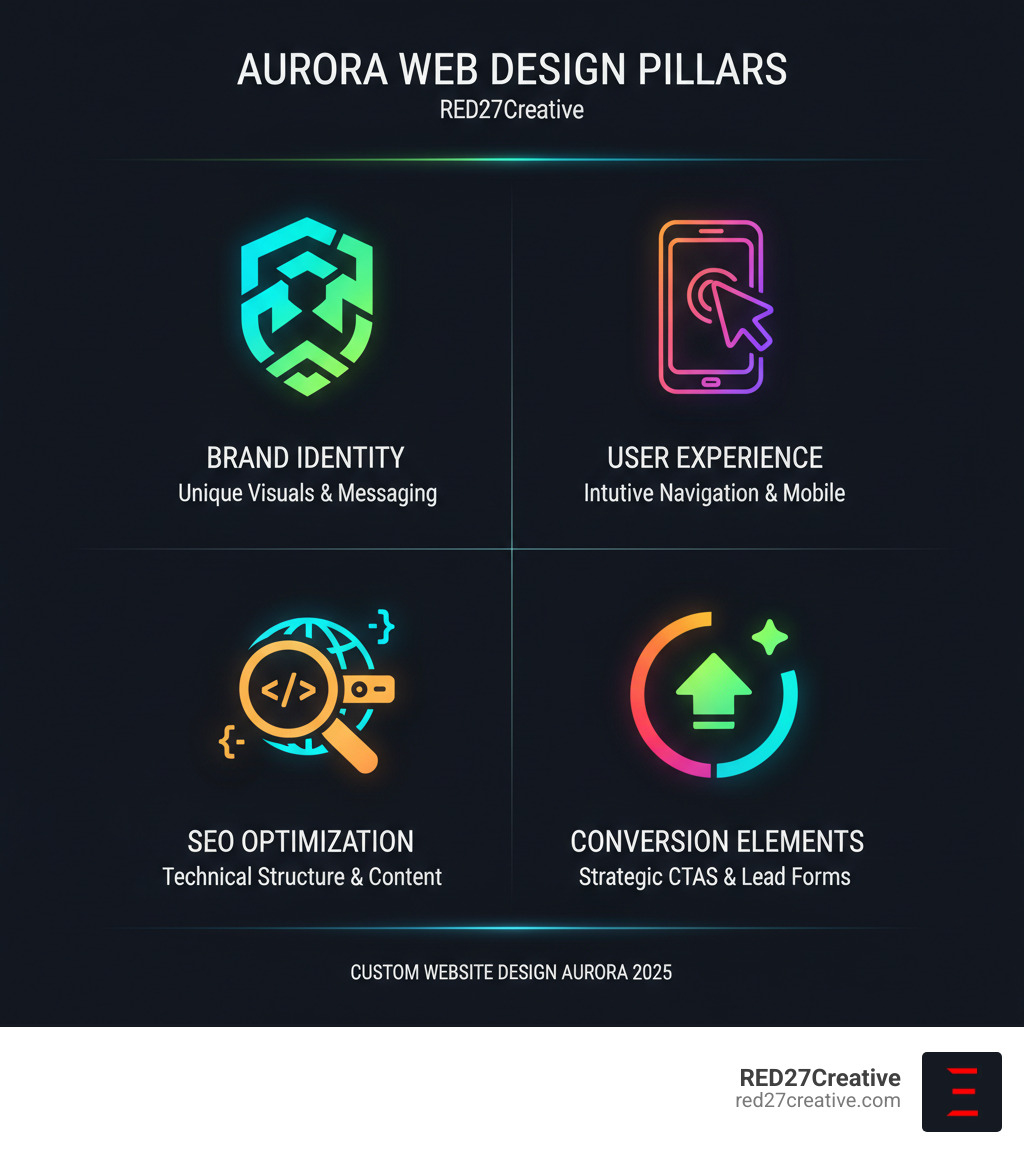 Infographic showing the four pillars of effective custom website design: Brand Identity (unique visual elements and messaging), User Experience (intuitive navigation and mobile responsiveness), SEO Optimization (technical structure and content strategy), and Conversion Elements (strategic CTAs and lead capture forms) - custom website design aurora infographic Infographic showing the four pillars of effective custom website design: Brand Identity (unique visual elements and messaging), User Experience (intuitive navigation and mobile responsiveness), SEO Optimization (technical structure and content strategy), and Conversion Elements (strategic CTAs and lead capture forms) - custom website design aurora infographic