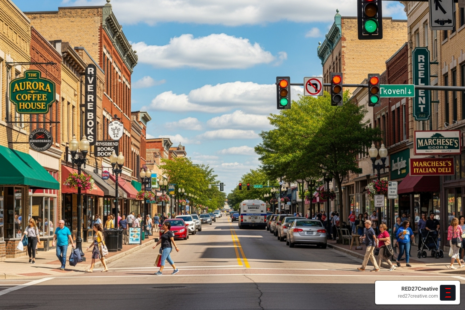 A vibrant image of a busy street in downtown Aurora, IL, showcasing local businesses and community life - custom website design aurora A vibrant image of a busy street in downtown Aurora, IL, showcasing local businesses and community life - custom website design aurora