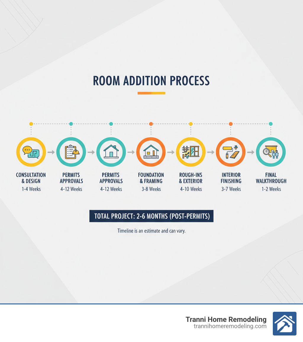Step-by-step infographic showing the room addition process from initial consultation and design through permits, construction phases, and final walkthrough with timeline indicators - room additions near me infographic Step-by-step infographic showing the room addition process from initial consultation and design through permits, construction phases, and final walkthrough with timeline indicators - room additions near me infographic