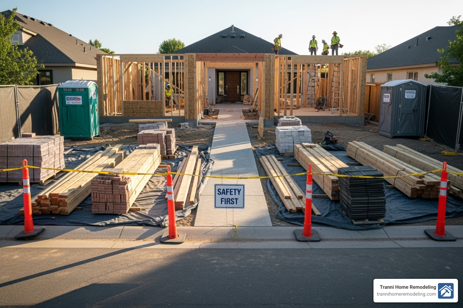 A well-organized and tidy construction site for a home addition, with safety cones, neatly stacked materials, and a clear pathway, emphasizing professionalism and safety. - room additions near me A well-organized and tidy construction site for a home addition, with safety cones, neatly stacked materials, and a clear pathway, emphasizing professionalism and safety. - room additions near me