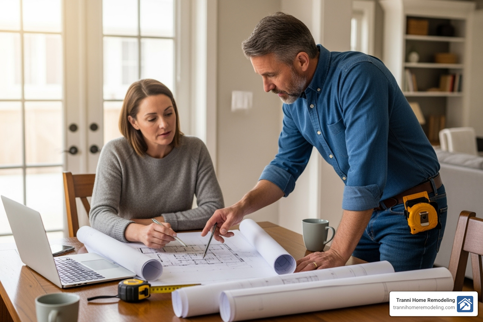A homeowner and a contractor reviewing blueprints together at a dining table, indicating a collaborative discussion about a room addition project. - room additions near me A homeowner and a contractor reviewing blueprints together at a dining table, indicating a collaborative discussion about a room addition project. - room additions near me