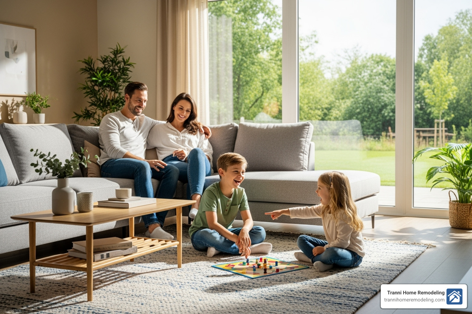 A happy family enjoying their newly added spacious living room, filled with natural light and comfortable furniture. - room additions near me A happy family enjoying their newly added spacious living room, filled with natural light and comfortable furniture. - room additions near me