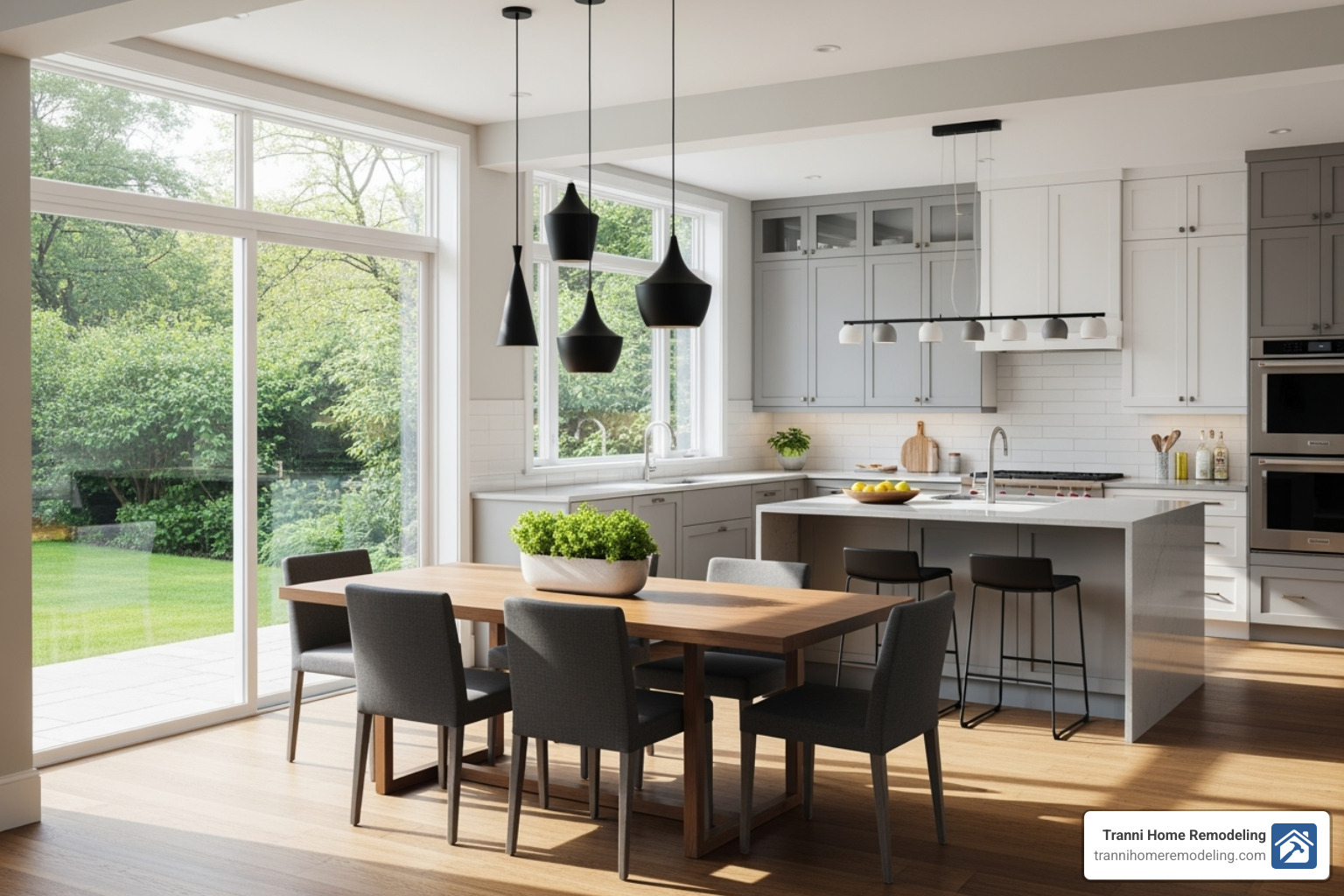A modern kitchen with a newly added bump-out featuring large windows, extending the dining area and flooding the space with natural light. - room additions near me A modern kitchen with a newly added bump-out featuring large windows, extending the dining area and flooding the space with natural light. - room additions near me