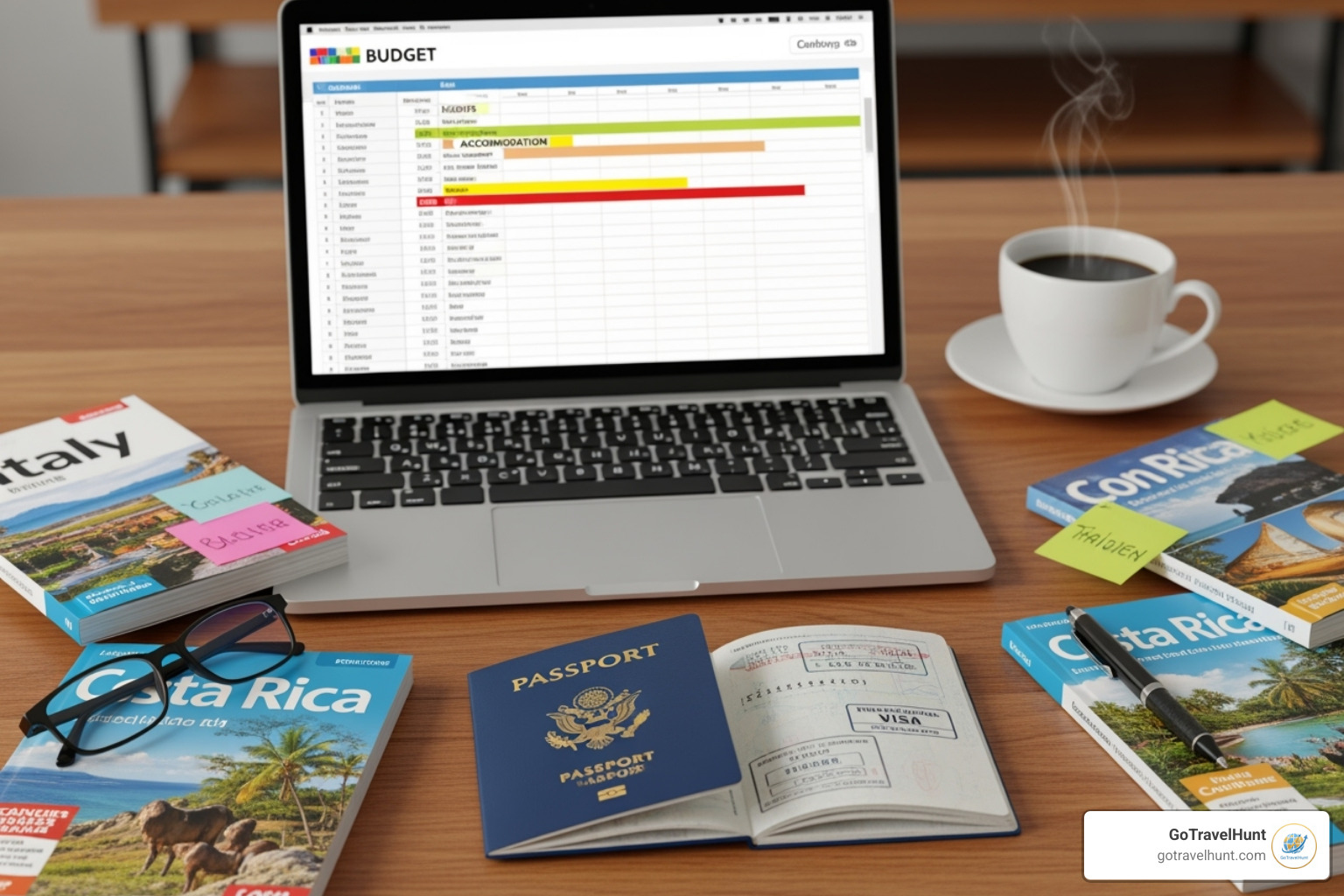a desk with a passport, laptop showing a budget spreadsheet, and travel guides - travel planning guides