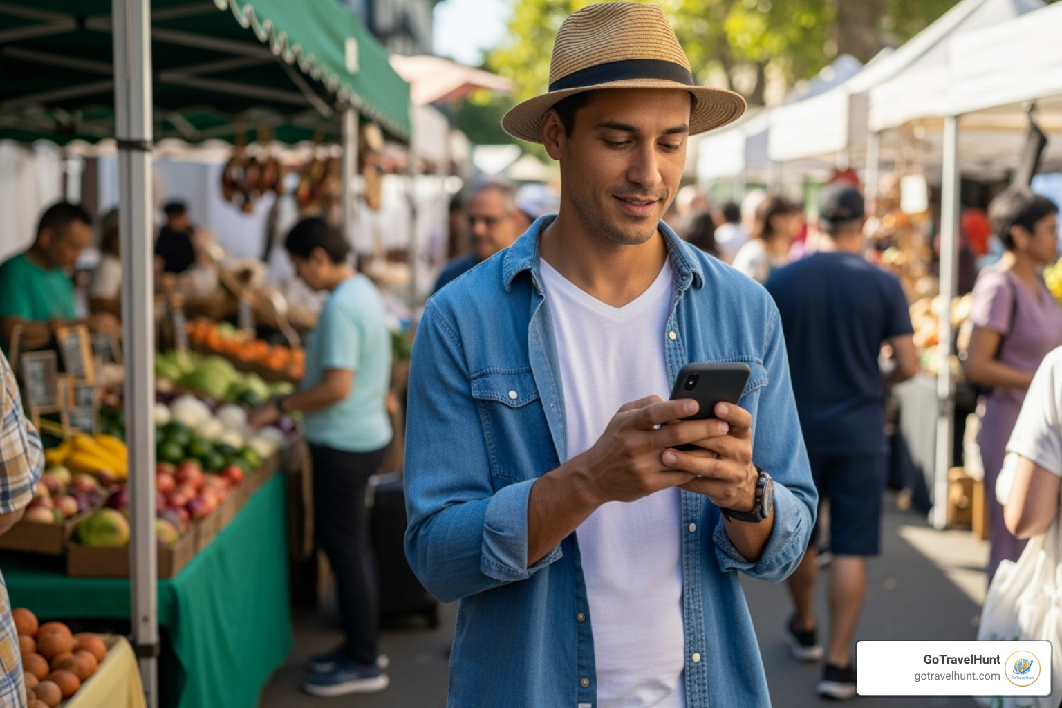 a traveler using a phone to steer a vibrant local market - travel planning guides