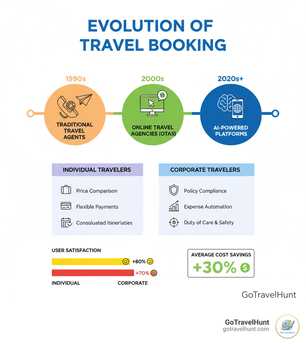 Comprehensive infographic showing the evolution of travel booking from traditional travel agents in the 1990s to modern AI-powered online booking platforms, including timeline milestones, key features comparison, and user satisfaction metrics for individual vs corporate travelers - travel booking tools infographic 