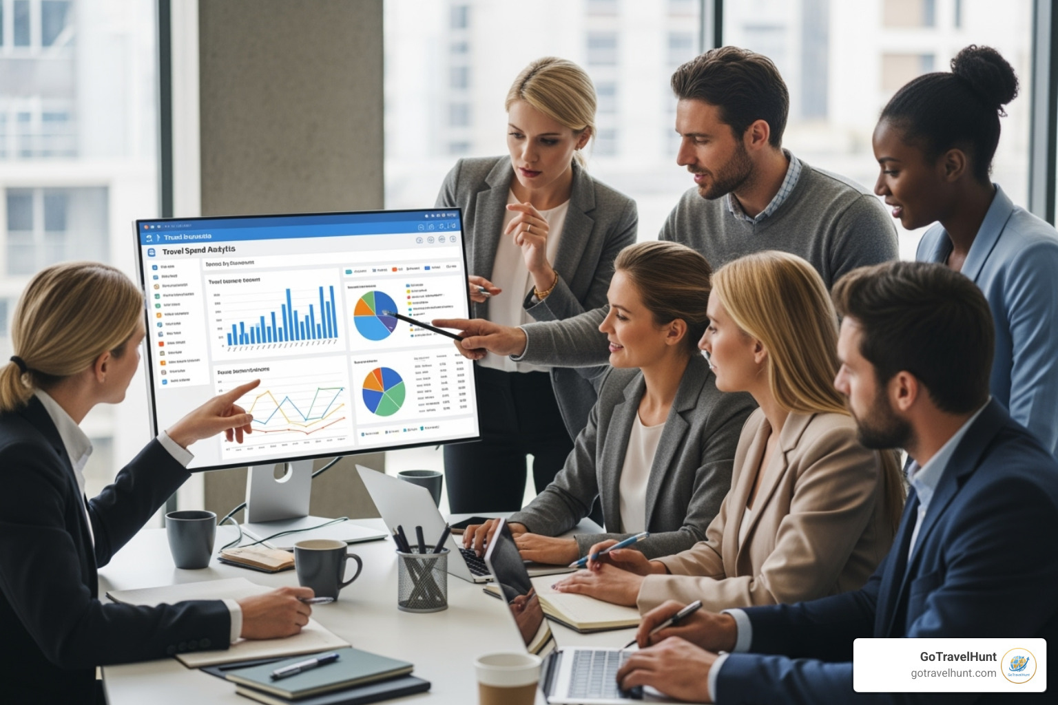team collaborating over a travel spend analytics dashboard - travel booking tools
