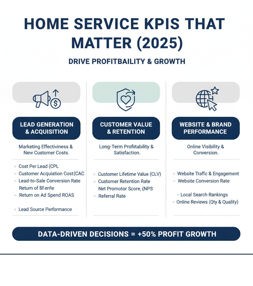 Infographic showing the 3 main categories of home service KPIs: Lead Generation & Acquisition (measuring marketing effectiveness and new customer costs), Customer Value & Retention (tracking long-term profitability and customer satisfaction), and Website & Brand Performance (monitoring online visibility and conversion rates) - top marketing KPIs that matter for home service companies infographic 