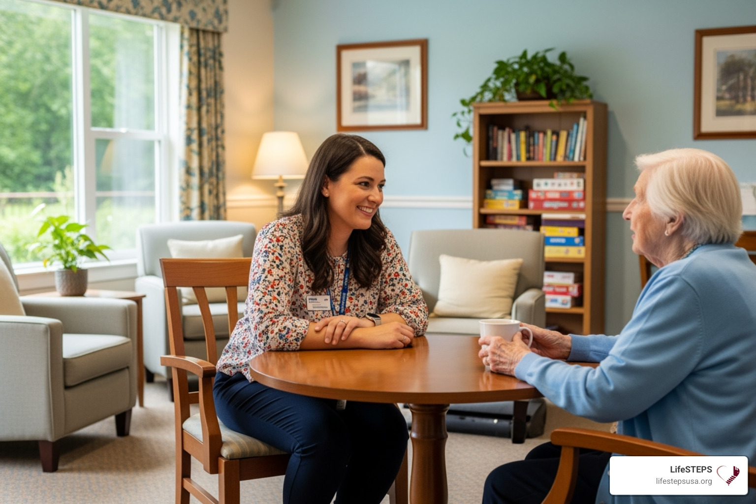 a supportive services coordinator meeting with a resident in a comfortable community room - permanent housing solutions