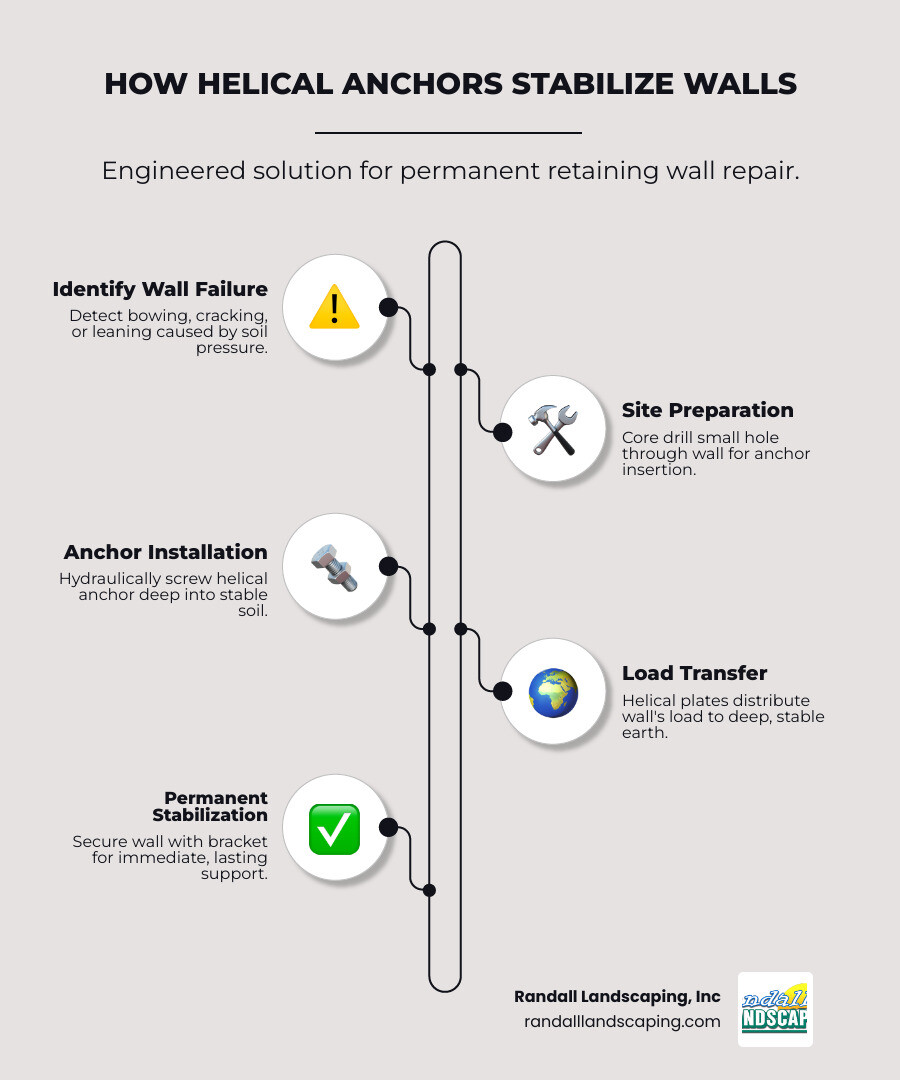 Detailed infographic showing helical tieback anchor components including helical plates, galvanized steel shaft, wall bracket, and how the system transfers load from a failing retaining wall through stable soil layers to provide permanent structural support - helical anchors retaining wall repair infographic infographic-line-5-steps-neat_beige