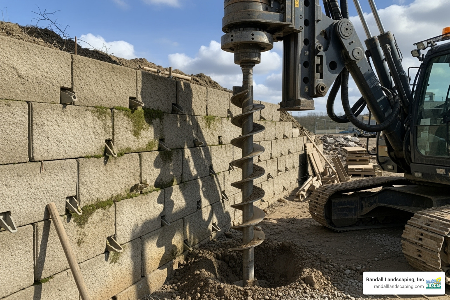 Hydraulic rotary drilling equipment installing a helical anchor - helical anchors retaining wall repair