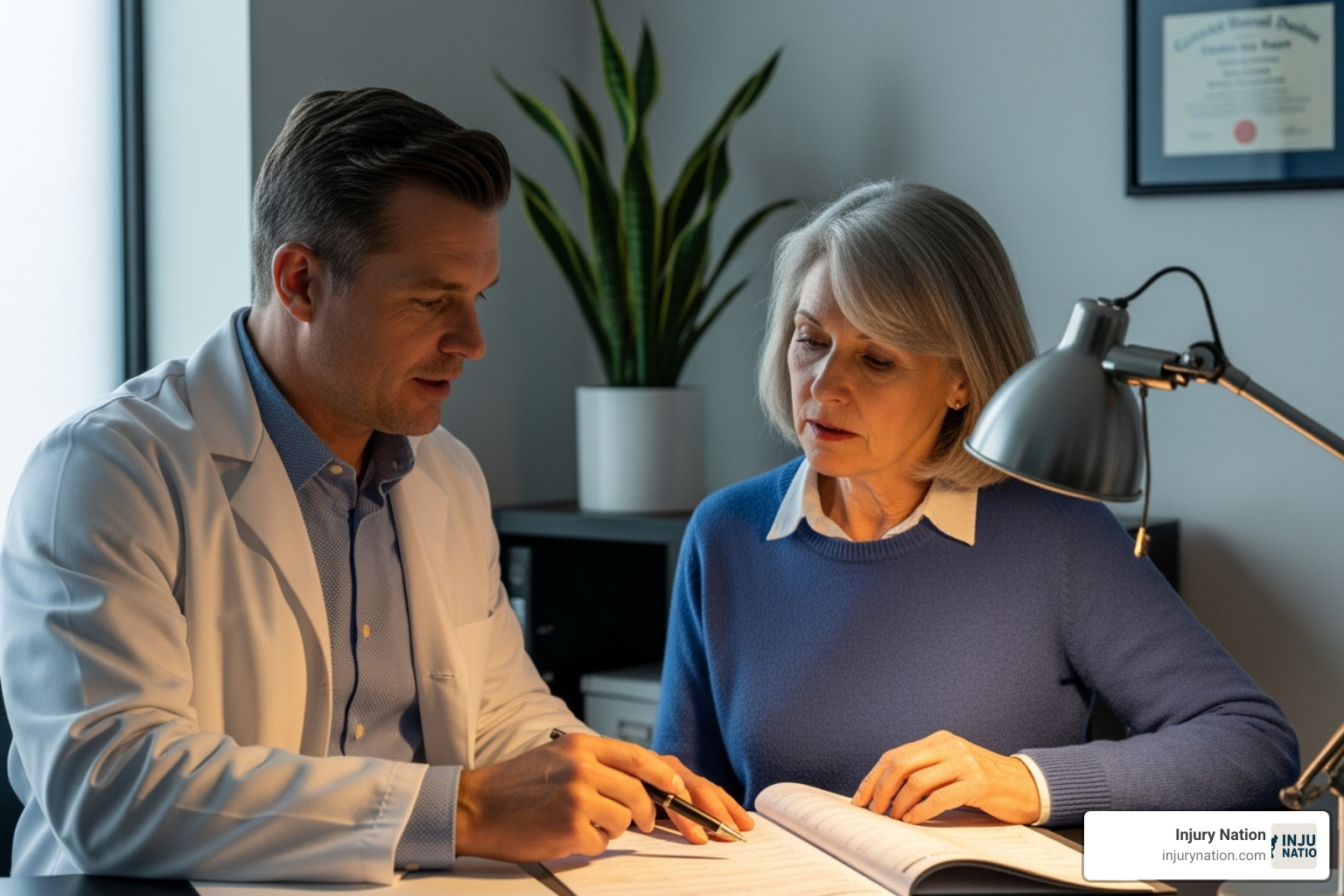 doctor reviewing medical charts with patient - Chronic pain claim