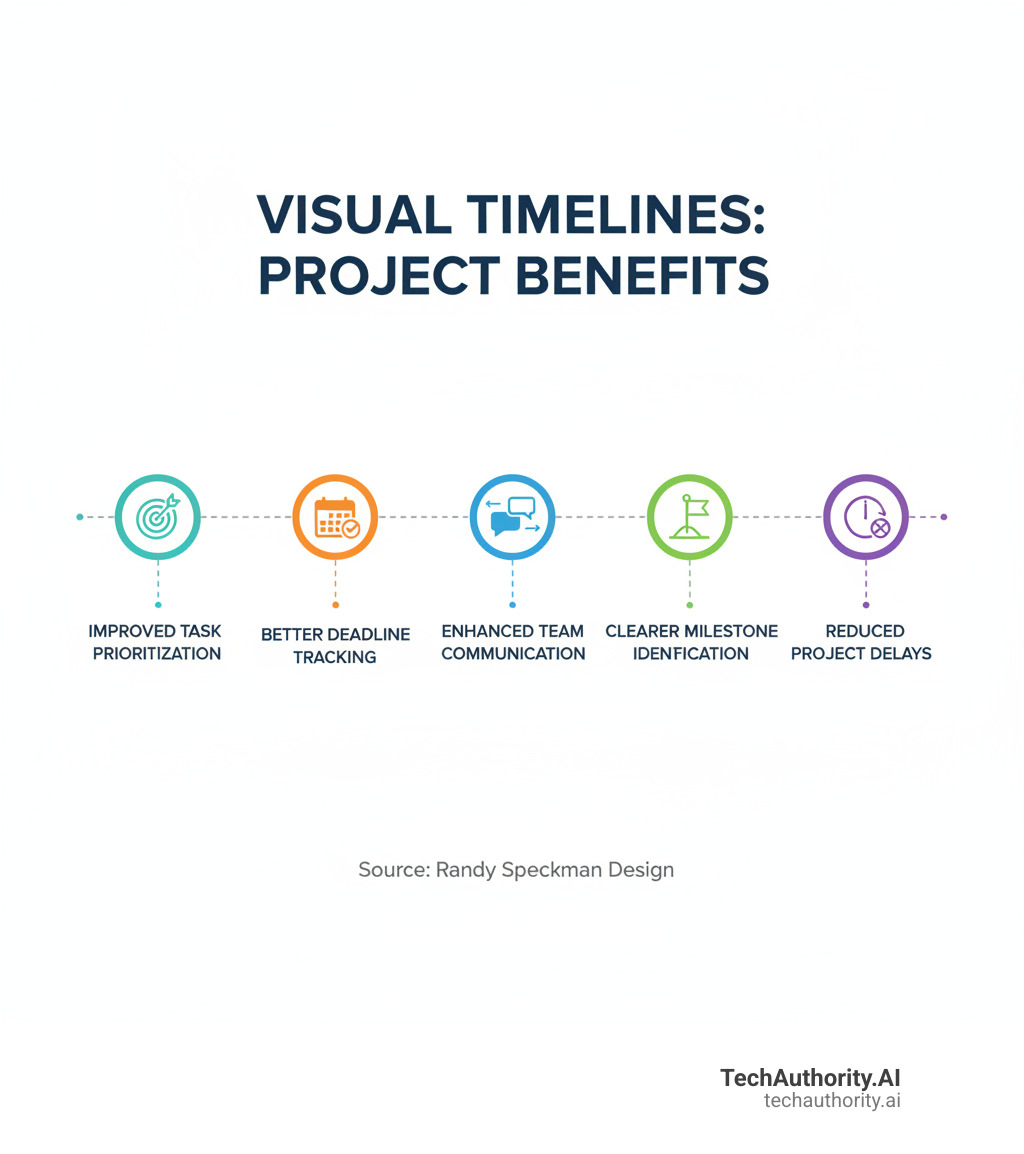 Infographic showing the key benefits of using visual timelines for project management including improved task prioritization, better deadline tracking, improved team communication, clearer milestone identification, and reduced project delays - timeline template excel free download infographic 