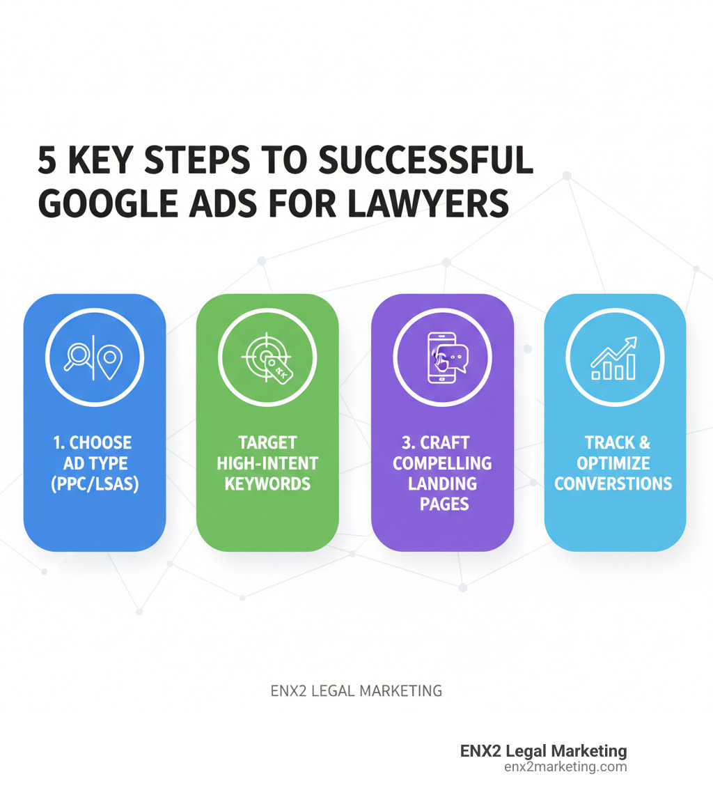 Infographic showing the 5 key steps to successful Google Ads campaigns for lawyers: 1) Choose between PPC and Local Service Ads based on goals, 2) Target high-intent keywords with proper match types, 3) Create compelling ad copy with strong value propositions, 4) Design mobile-optimized landing pages with clear CTAs, 5) Track conversions and optimize based on performance data - lawyer Google advertising infographic 