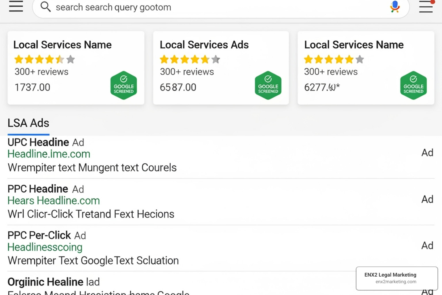 Google search results page highlighting the difference between LSA and PPC ad placements - lawyer Google advertising