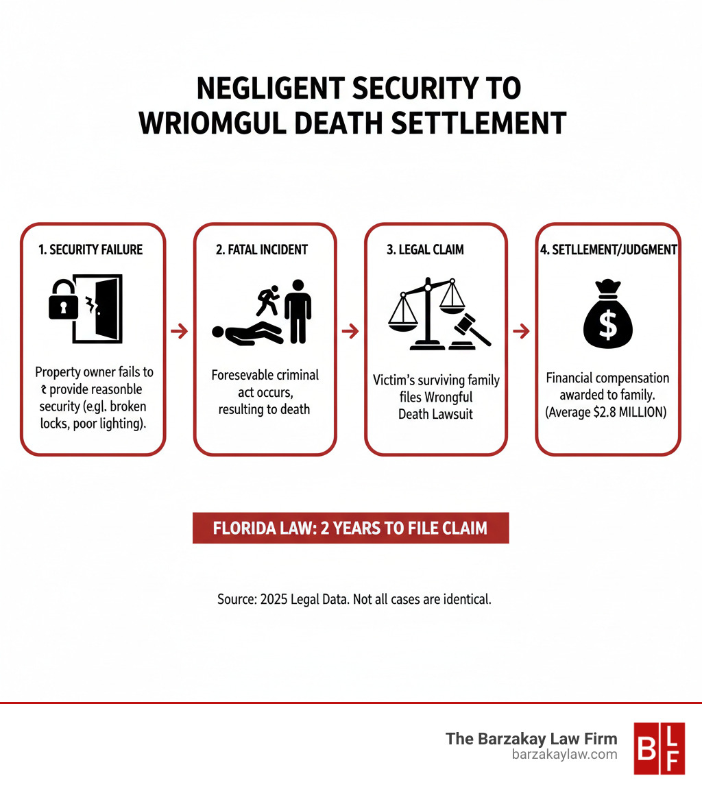 Infographic explaining the legal path from a property owner's security failure to a wrongful death settlement for a victim's family - is negligent security settlement considered a wrongful death infographic 