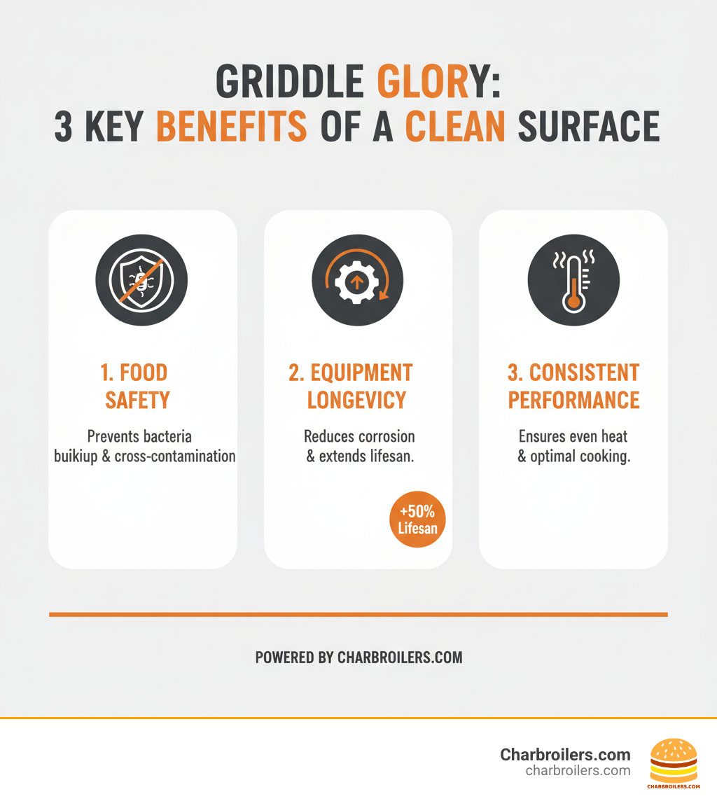 Infographic showing the top 3 benefits of a clean commercial griddle: 1. Food Safety - prevents bacteria buildup and cross-contamination, 2. Equipment Longevity - prevents corrosion and extends lifespan up to 50%, 3. Consistent Performance - ensures even heat transfer and optimal cooking results - how to clean a commercial griddle infographic  Infographic showing the top 3 benefits of a clean commercial griddle: 1. Food Safety - prevents bacteria buildup and cross-contamination, 2. Equipment Longevity - prevents corrosion and extends lifespan up to 50%, 3. Consistent Performance - ensures even heat transfer and optimal cooking results - how to clean a commercial griddle infographic