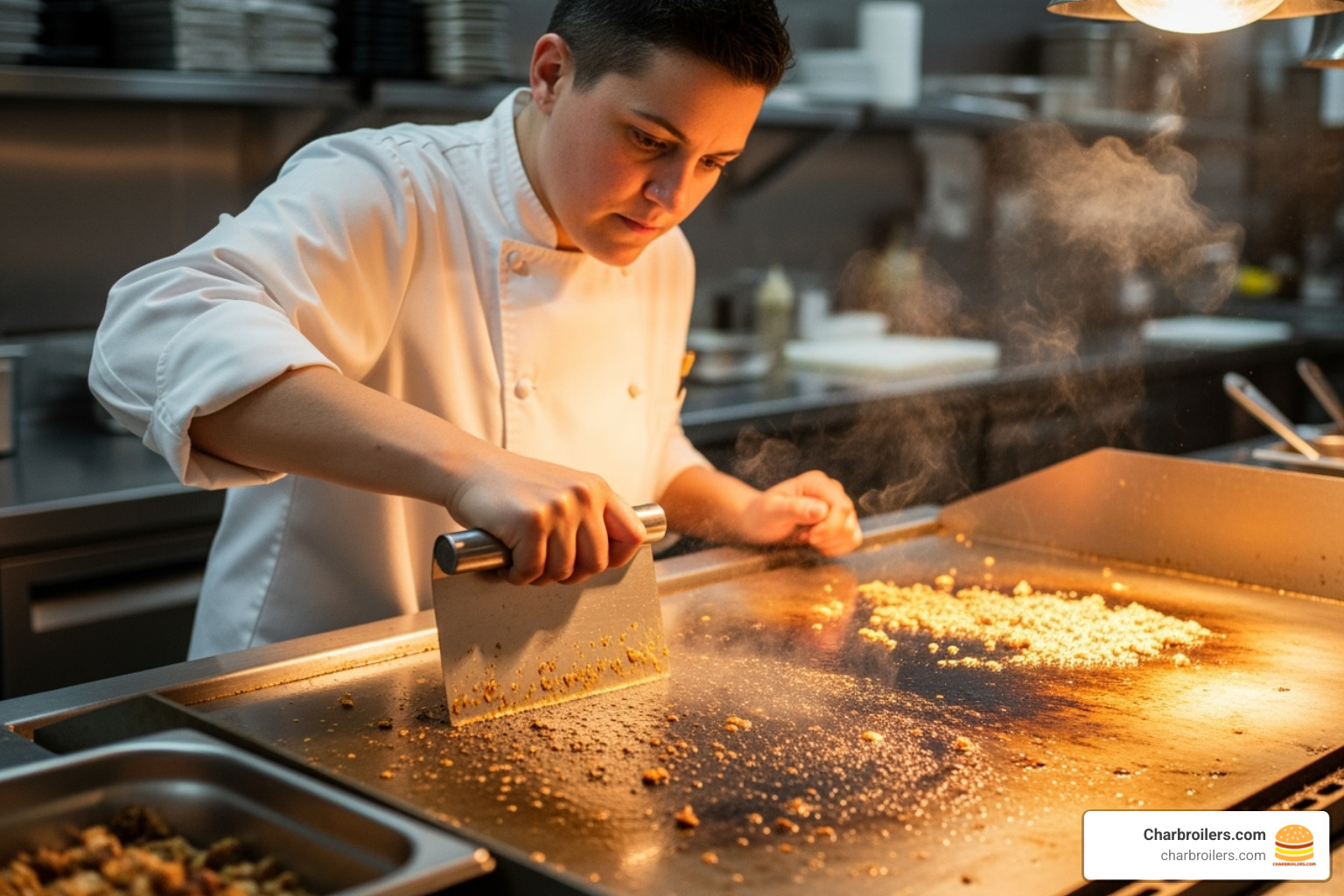Chef scraping a warm griddle with a scraper - how to clean a commercial griddle Chef scraping a warm griddle with a scraper - how to clean a commercial griddle