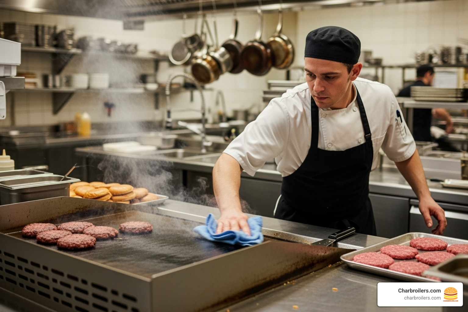 A griddle being quickly wiped down between cooking burgers - how to clean a commercial griddle A griddle being quickly wiped down between cooking burgers - how to clean a commercial griddle