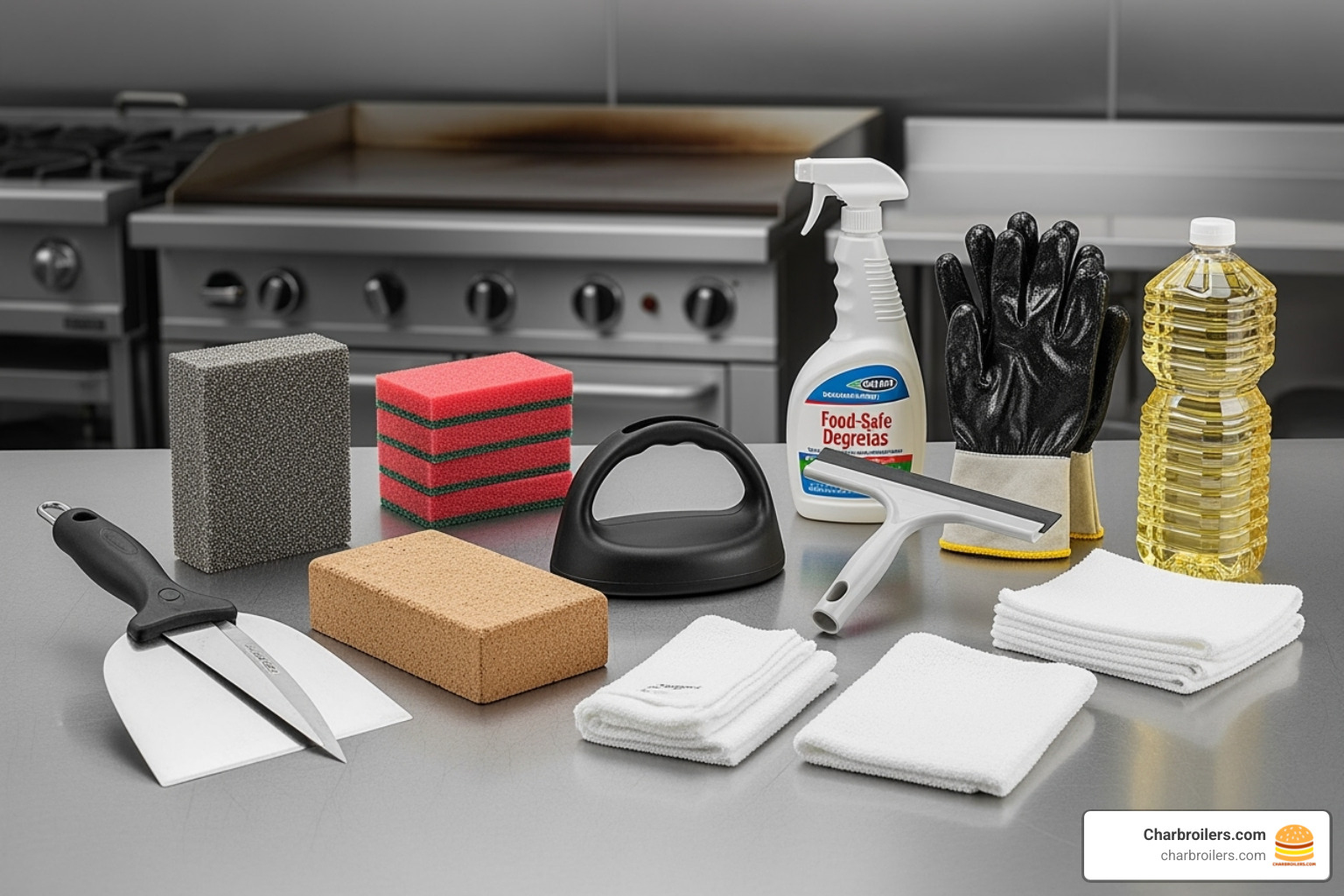 Griddle cleaning tools laid out neatly for commercial use - how to clean a commercial griddle Griddle cleaning tools laid out neatly for commercial use - how to clean a commercial griddle