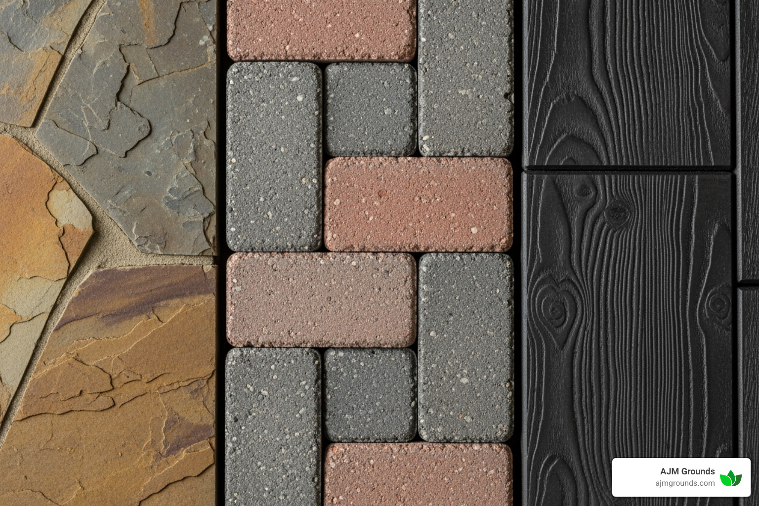 Close-up of various patio materials including natural stone, pavers, and stamped concrete - Custom patio design services