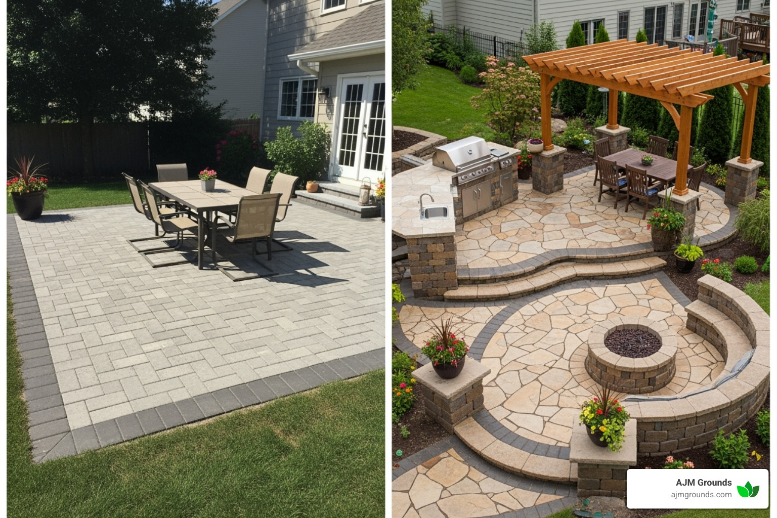 Comparison of a simple, rectangular paver patio on the left and a complex, multi-level patio with an outdoor kitchen, fire pit, and pergola on the right - Custom patio design services