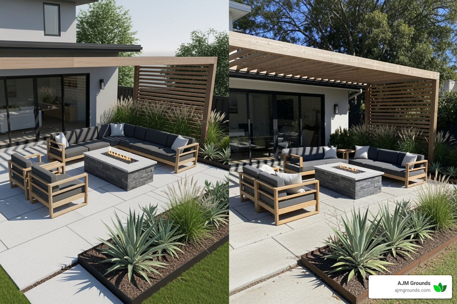 3D rendering of a patio design next to a photo of the completed patio - Custom patio design services