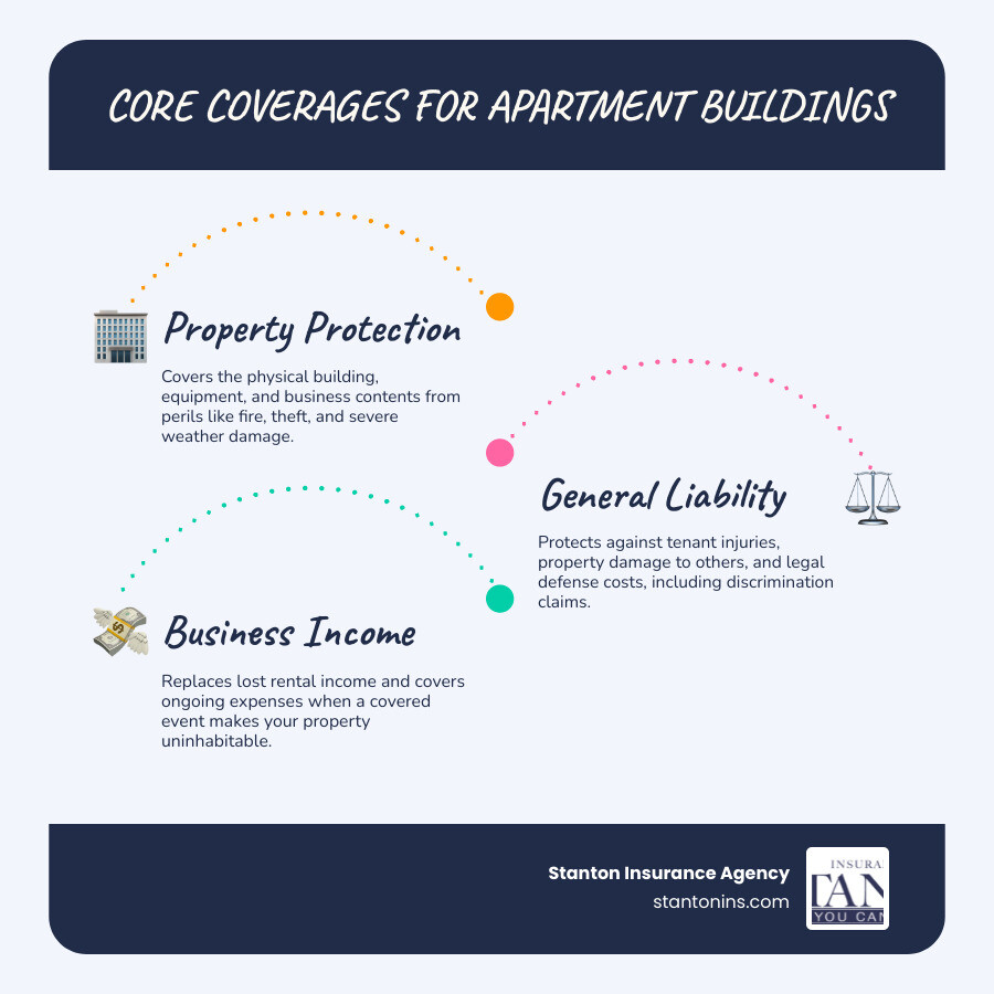 Comprehensive breakdown of apartment building insurance showing property coverage (building structure, equipment, contents), liability protection (tenant injuries, legal defense, discrimination claims), and business income protection (lost rent, ongoing expenses, business continuity) with average cost ranges and key exclusions to avoid - Apartment Building Insurance infographic infographic-line-3-steps-blues-accent_colors Comprehensive breakdown of apartment building insurance showing property coverage (building structure, equipment, contents), liability protection (tenant injuries, legal defense, discrimination claims), and business income protection (lost rent, ongoing expenses, business continuity) with average cost ranges and key exclusions to avoid - Apartment Building Insurance infographic infographic-line-3-steps-blues-accent_colors