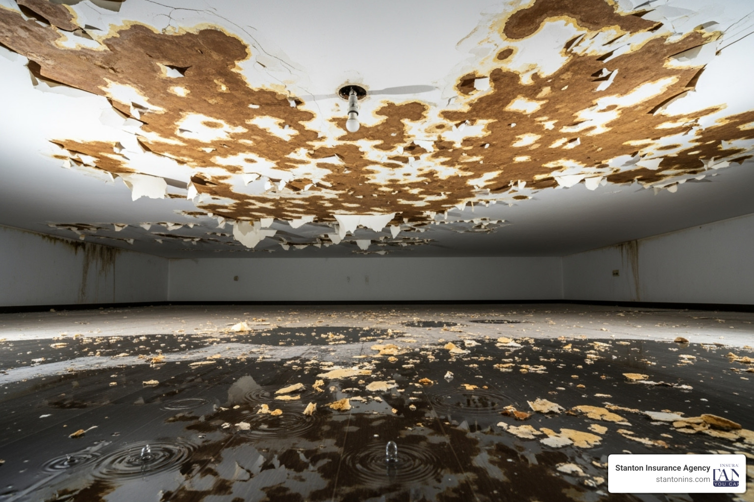 Water-damaged apartment ceiling and floor, illustrating a common claim scenario. - Apartment Building Insurance Water-damaged apartment ceiling and floor, illustrating a common claim scenario. - Apartment Building Insurance