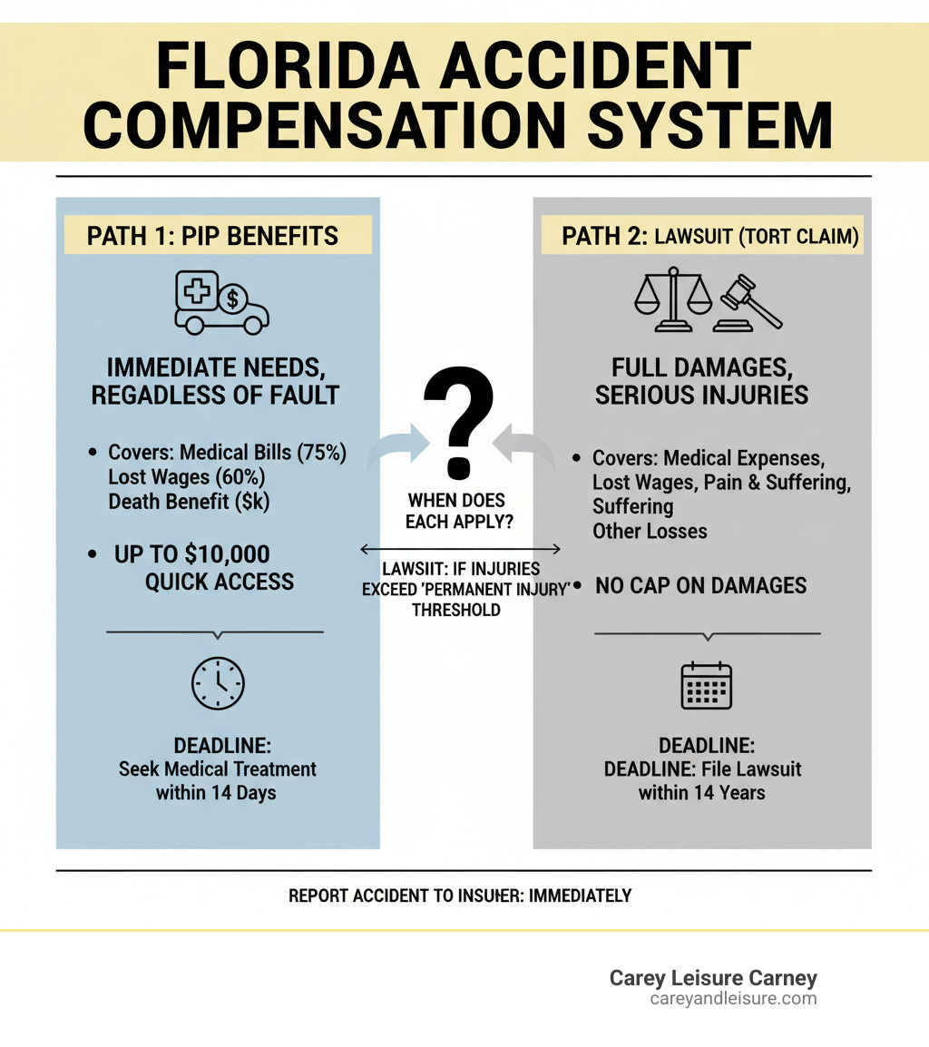 Detailed infographic showing Florida's two-path accident compensation system: PIP benefits covering immediate needs up to $10,000 versus tort lawsuits for full damages, including timelines, requirements, and when each option applies - compensation after accident infographic Detailed infographic showing Florida's two-path accident compensation system: PIP benefits covering immediate needs up to $10,000 versus tort lawsuits for full damages, including timelines, requirements, and when each option applies - compensation after accident infographic