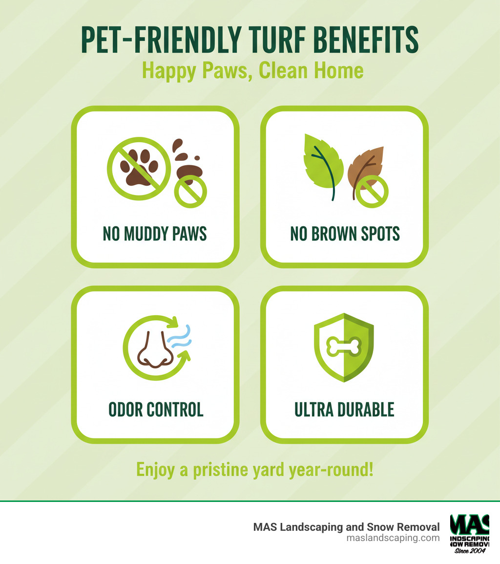 infographic showing the benefits of artificial grass for pets, including no mud, no brown spots, odor control, and durability - Fake grass for pets infographic 