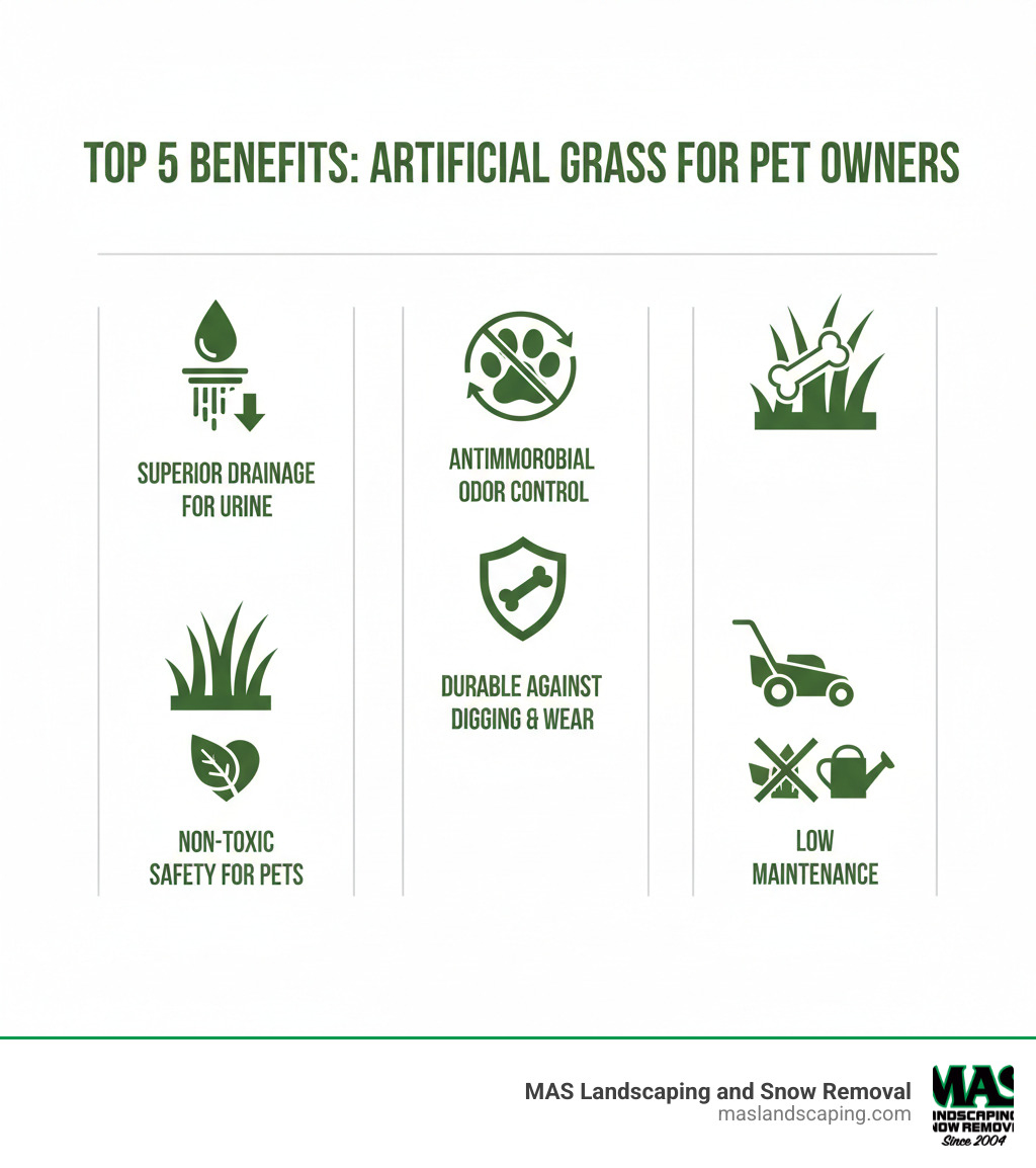 Infographic showing the top 5 benefits of artificial grass for pet owners: superior drainage for urine, antimicrobial odor control, durable construction against digging and wear, non-toxic safety for pets, and low maintenance compared to natural grass - Fake grass for pets infographic 