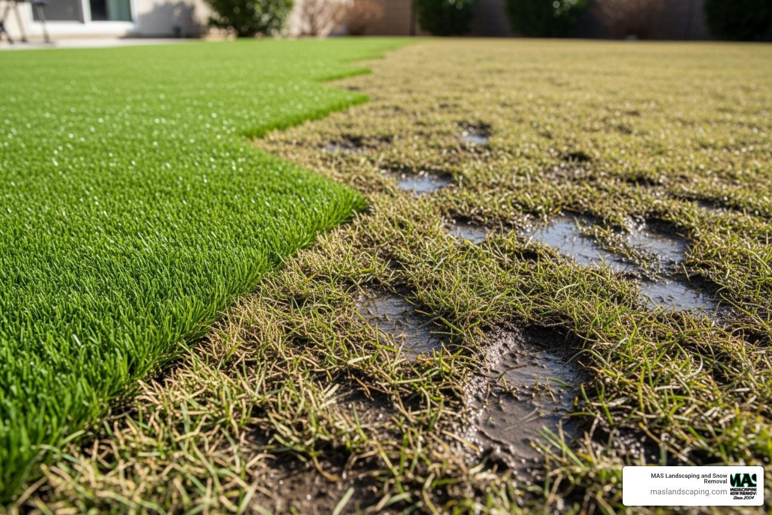 clean, green artificial lawn next to a patchy, muddy natural lawn - Fake grass for pets