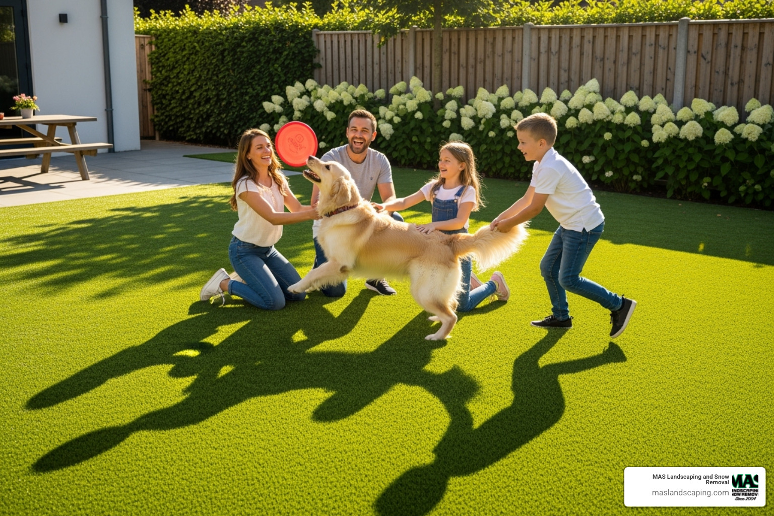 family playing with dog on artificial grass - Fake grass for pets