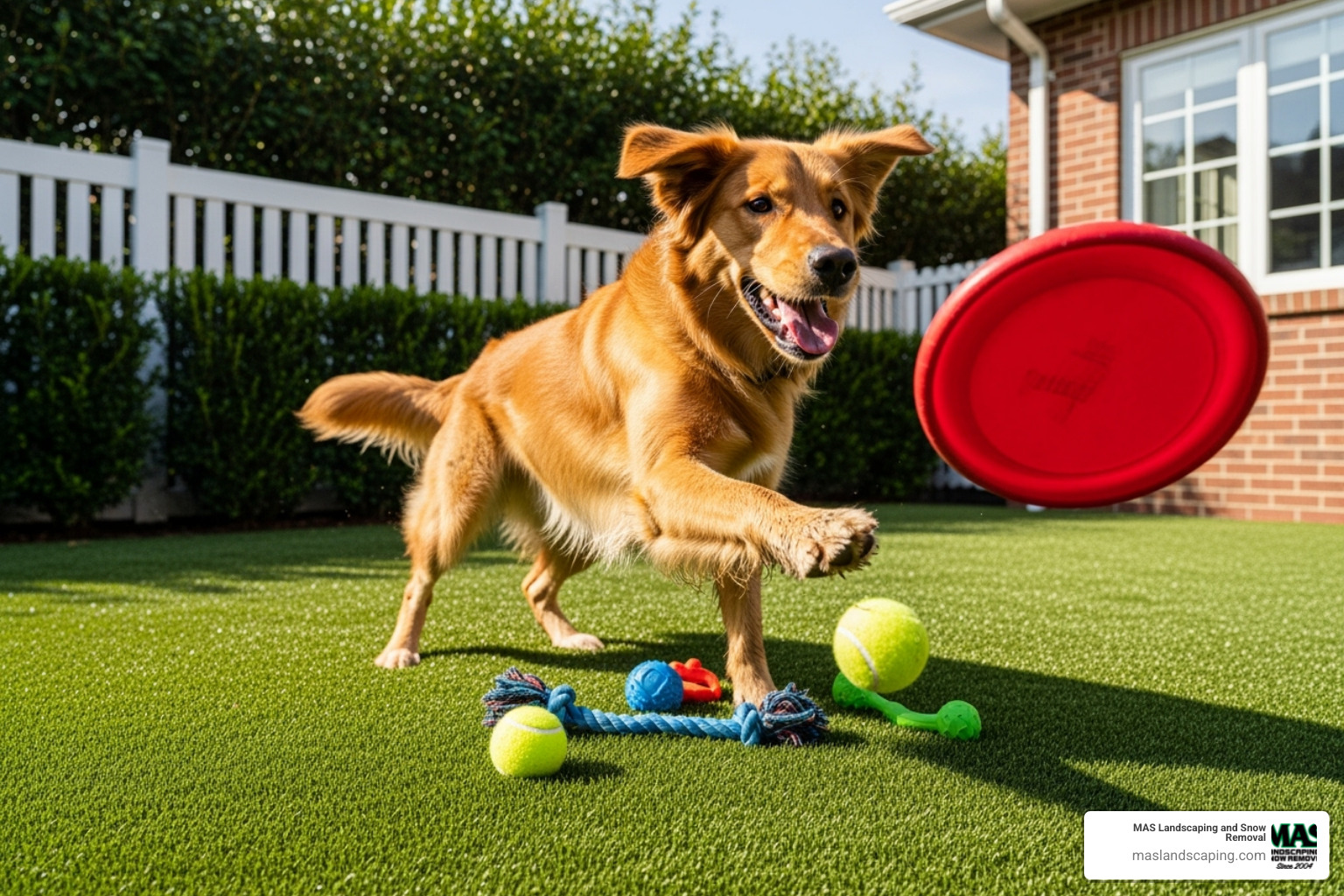 dog playing on artificial grass with toys - Fake grass for pets
