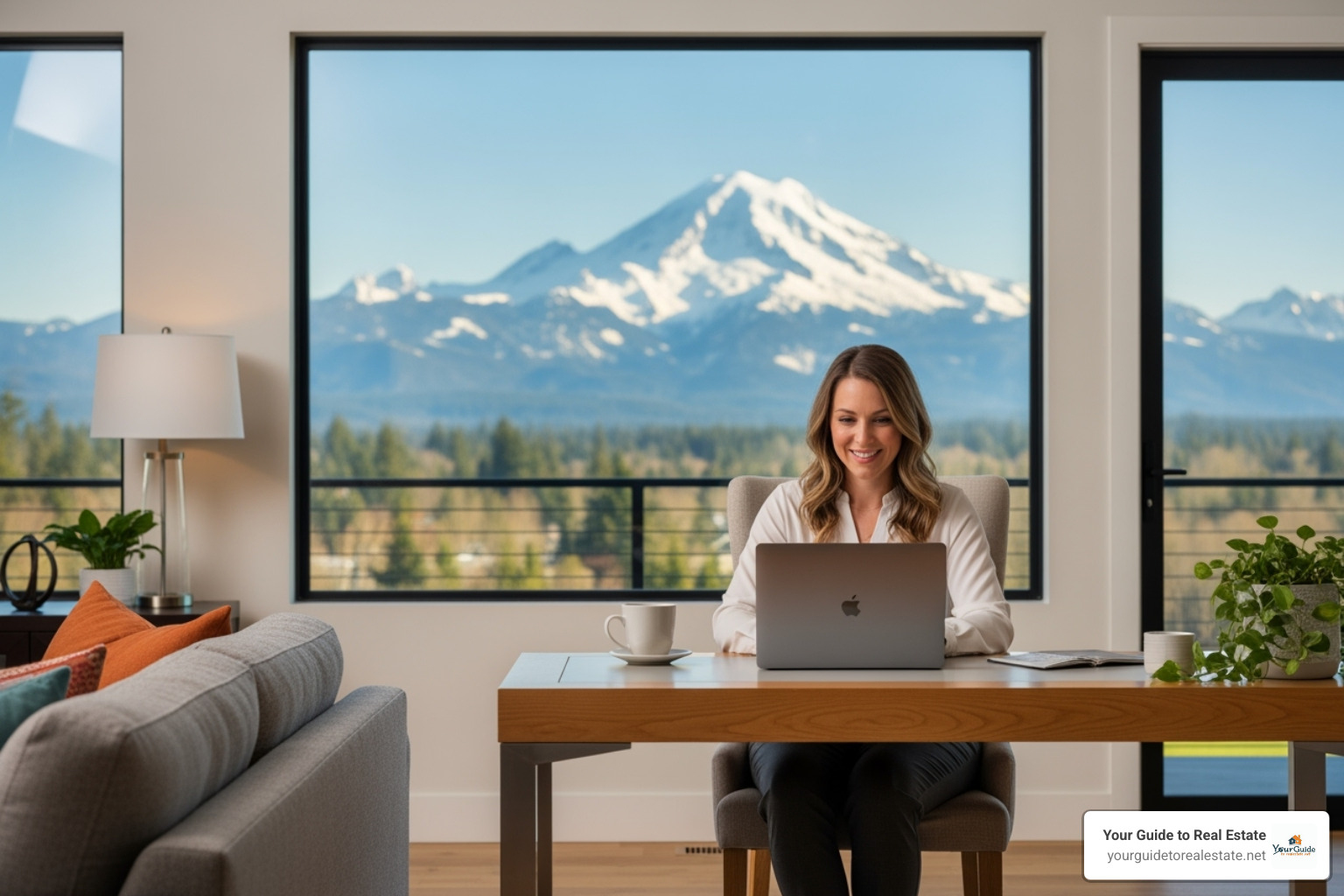 real estate agent working on a laptop in a modern home with a view of the Cascade Mountains - virtual real estate brokerage washington state
