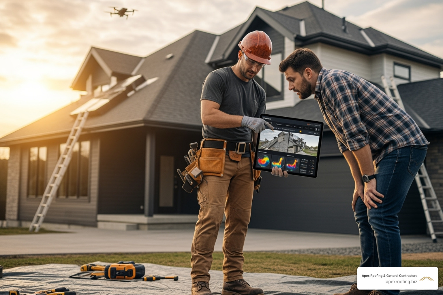 Roofer showing homeowner a digital report on a tablet - roof inspection near me Roofer showing homeowner a digital report on a tablet - roof inspection near me