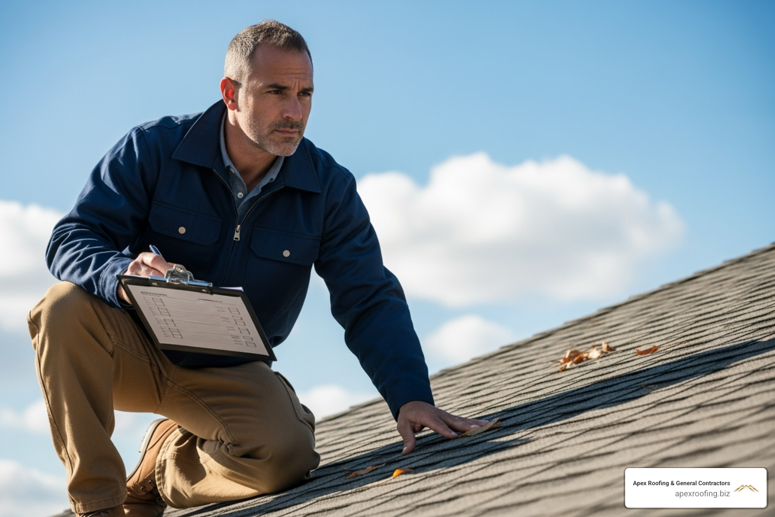 Certified inspector on a roof with a checklist - roof inspection near me Certified inspector on a roof with a checklist - roof inspection near me