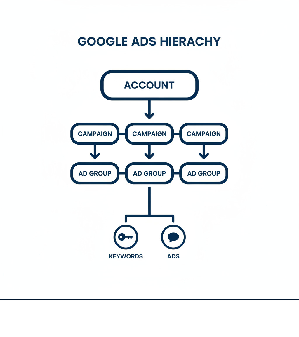 Infographic showing Google Ads hierarchy: Account contains multiple Campaigns, each Campaign contains multiple Ad Groups, each Ad Group contains Keywords and Ads, with arrows showing the relationship between Account > Campaigns > Ad Groups > Keywords & Ads - how service businesses structure Google Ads campaigns infographic 