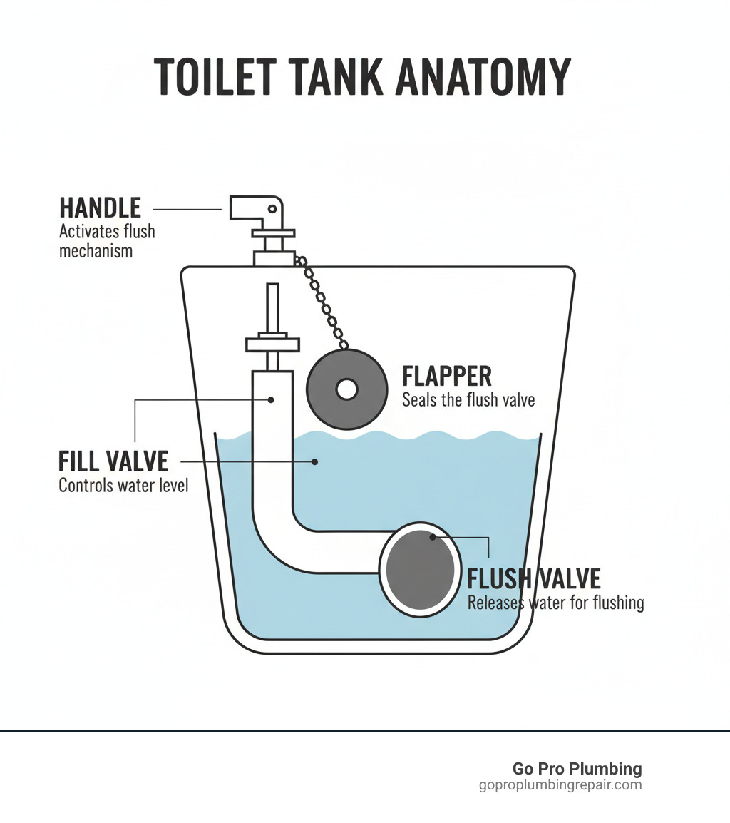 Infographic showing the main components inside a toilet tank including fill valve that controls water level, flapper that seals the flush valve, flush valve that releases water for flushing, and handle that activates the flush mechanism - toilet repair kit reviews infographic  Infographic showing the main components inside a toilet tank including fill valve that controls water level, flapper that seals the flush valve, flush valve that releases water for flushing, and handle that activates the flush mechanism - toilet repair kit reviews infographic