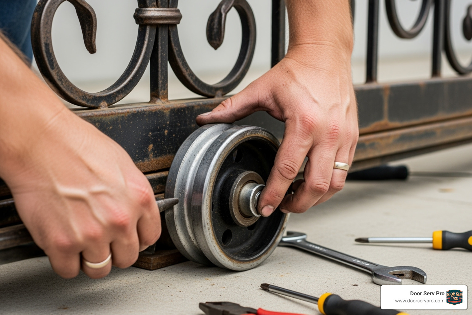 technician replacing a worn-out wheel on a sliding gate - driveway gate repair chambersburg pa technician replacing a worn-out wheel on a sliding gate - driveway gate repair chambersburg pa