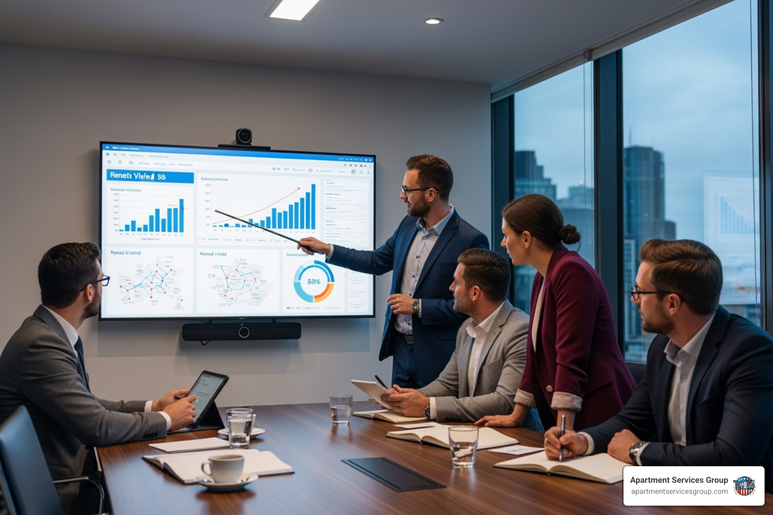A team of property professionals in a meeting, analyzing data on a large screen and discussing investment strategies - Property portfolio management A team of property professionals in a meeting, analyzing data on a large screen and discussing investment strategies - Property portfolio management