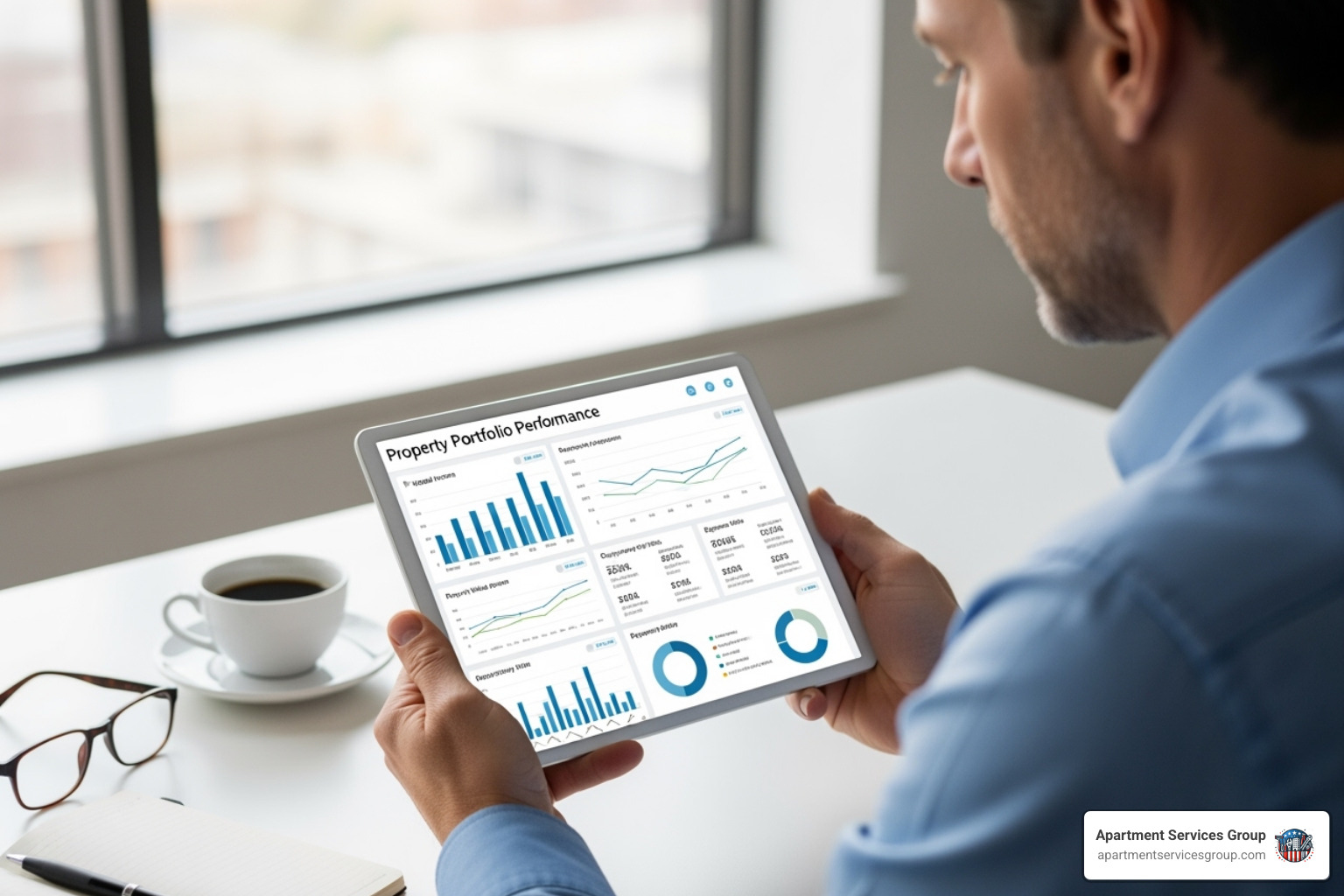 An investor reviewing a portfolio performance dashboard on a tablet, showing graphs and metrics for multiple properties - Property portfolio management An investor reviewing a portfolio performance dashboard on a tablet, showing graphs and metrics for multiple properties - Property portfolio management