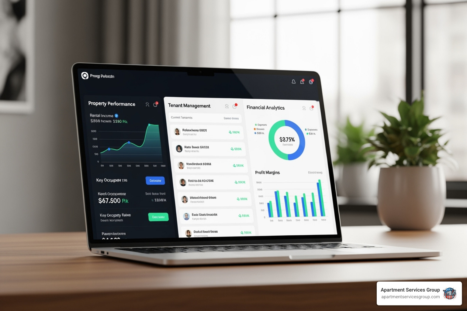 A modern apartment building management software interface on a laptop, displaying various dashboards for property performance, tenant management, and financial analytics - Property portfolio management A modern apartment building management software interface on a laptop, displaying various dashboards for property performance, tenant management, and financial analytics - Property portfolio management