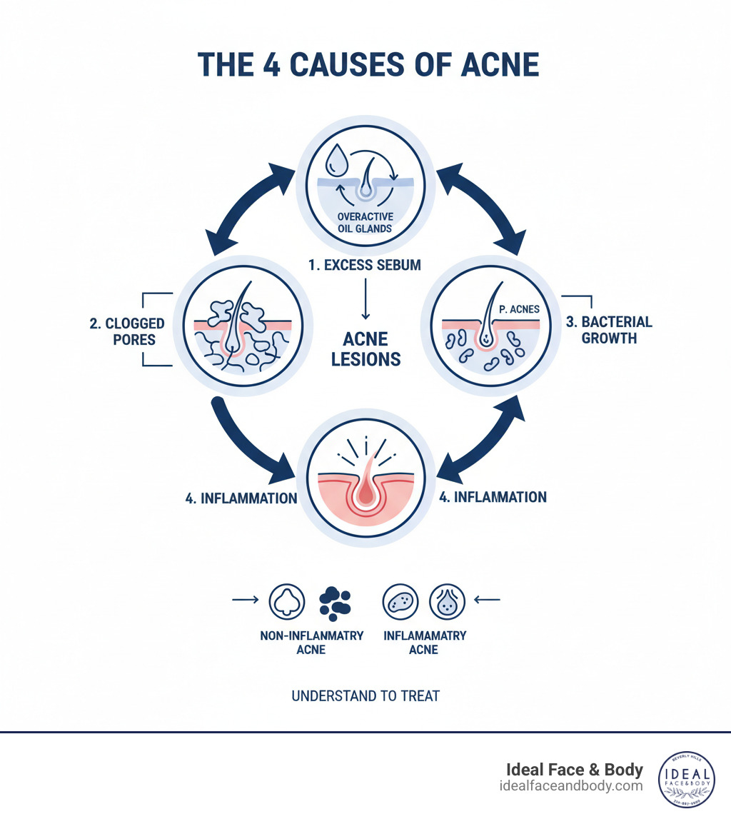 Infographic showing the four main causes of acne: excess sebum production from overactive oil glands, clogged hair follicles from dead skin cells and oil buildup, Propionibacterium acnes bacterial overgrowth in blocked pores, and inflammatory response causing redness and swelling, with arrows showing how these factors interact to create different types of acne lesions - acne treatment beverly hills infographic 