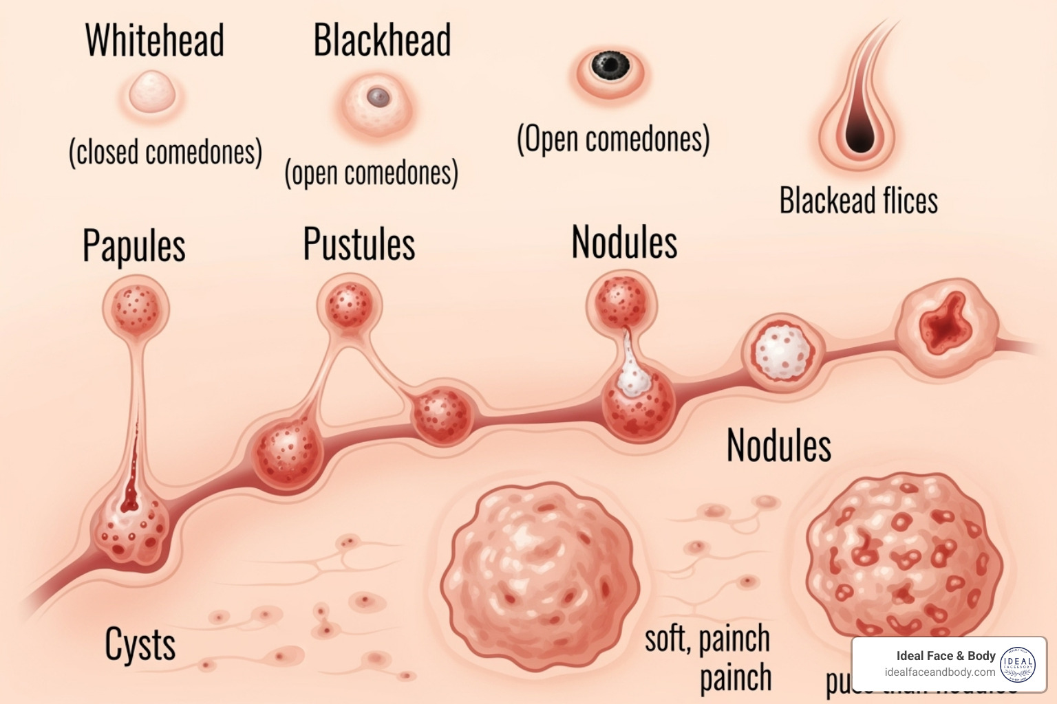 Illustration of different types of acne lesions including whiteheads, blackheads, papules, pustules, nodules, and cysts - acne treatment beverly hills