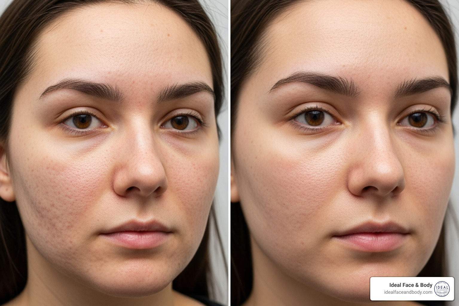 Before and after images of a patient who received acne scar treatment, showing significant improvement in skin texture and reduction of visible scarring - acne treatment beverly hills