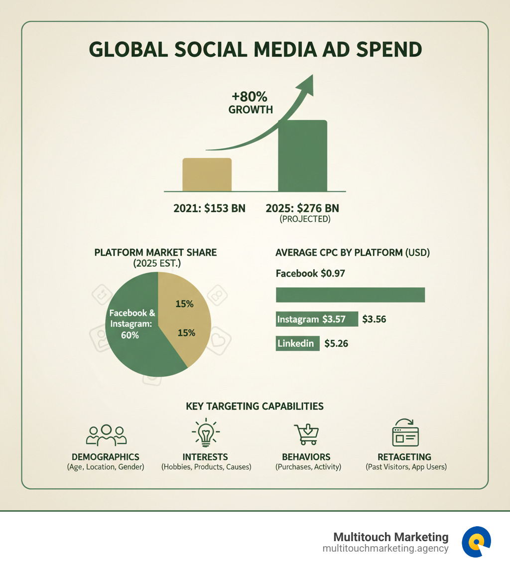 Infographic showing global social media advertising spend growth from $153 billion in 2021 to projected $276 billion by 2025, with platform breakdown showing Facebook and Instagram leading market share, average CPC costs by platform, and key targeting capabilities including demographics, interests, behaviors, and retargeting options - Social media advertising infographic  Infographic showing global social media advertising spend growth from $153 billion in 2021 to projected $276 billion by 2025, with platform breakdown showing Facebook and Instagram leading market share, average CPC costs by platform, and key targeting capabilities including demographics, interests, behaviors, and retargeting options - Social media advertising infographic