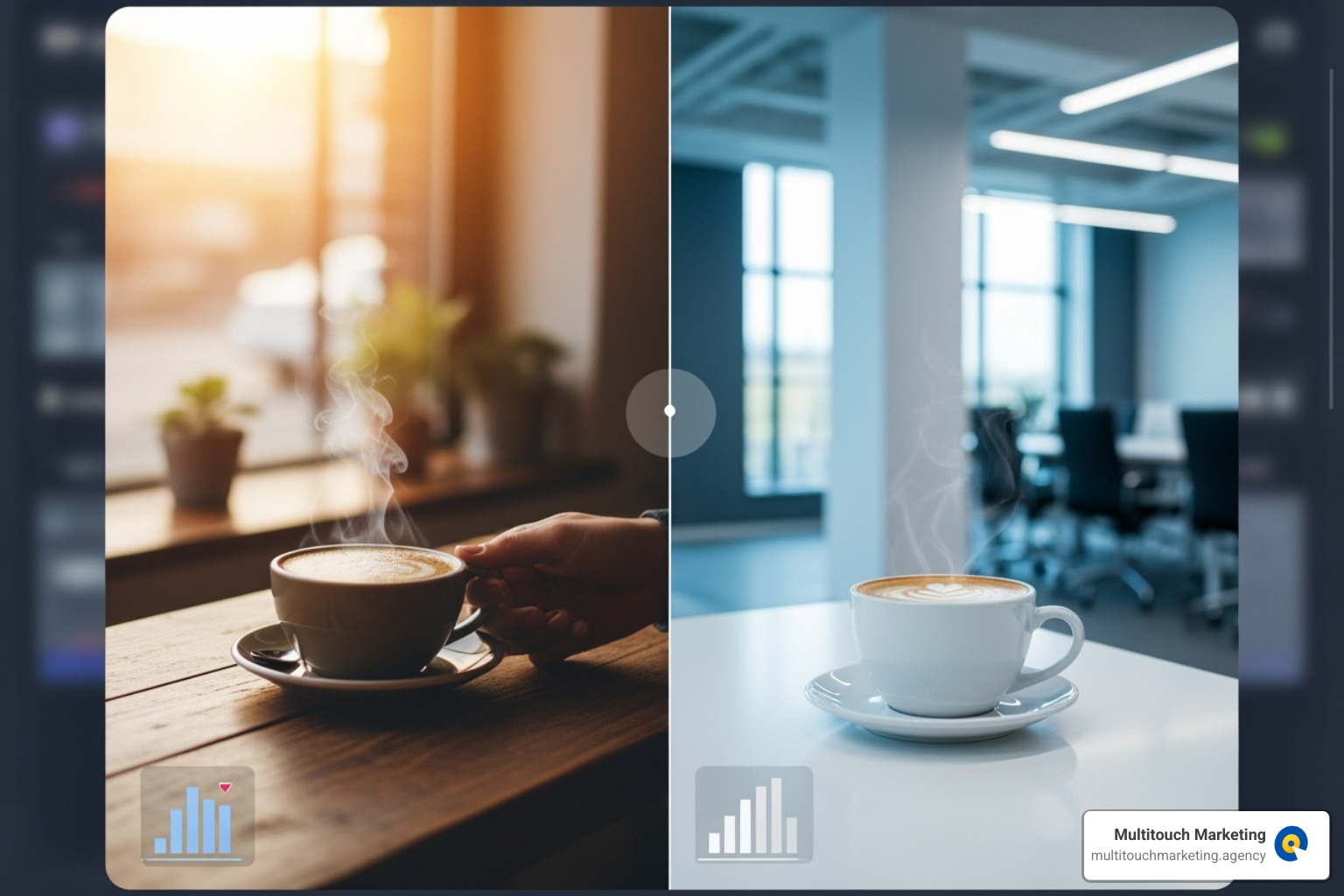A split-screen image showing two different versions of an advertisement being A/B tested to determine which performs better with the target audience - Social media advertising A split-screen image showing two different versions of an advertisement being A/B tested to determine which performs better with the target audience - Social media advertising