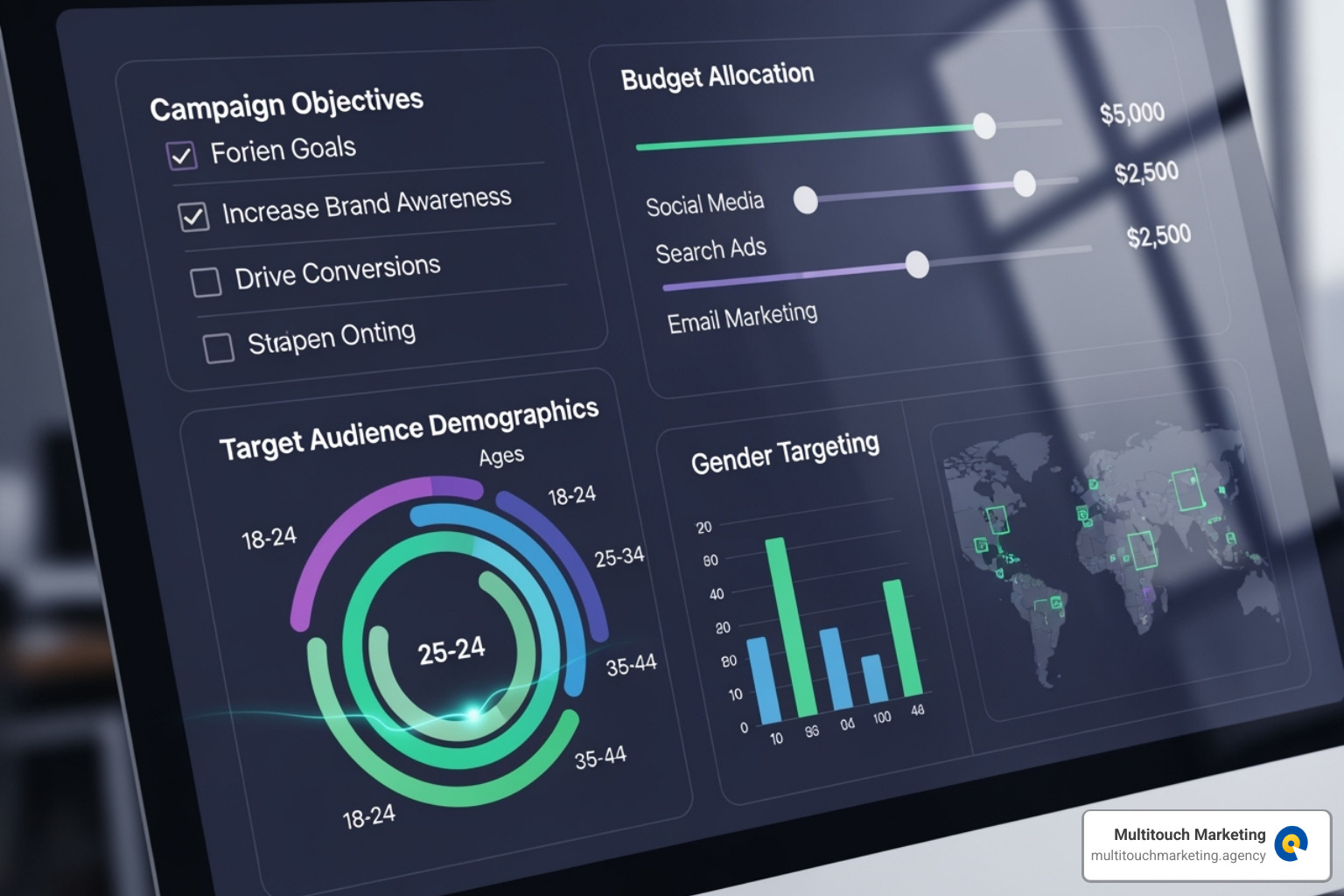 A campaign setup dashboard showing objective selection, budget allocation, and target audience settings for a social media advertising campaign - Social media advertising A campaign setup dashboard showing objective selection, budget allocation, and target audience settings for a social media advertising campaign - Social media advertising